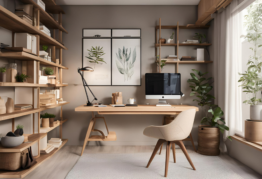 gray and light tan colored office with a large bookshelf and plants